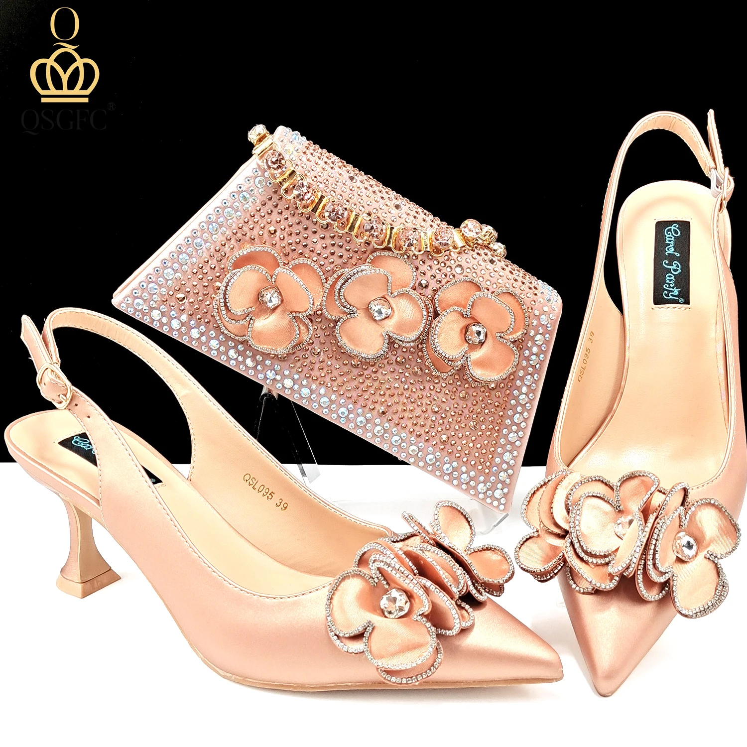 

QSGFC Shoes Ladies Heel Decoration Pure Peach Color Elegant Flower Small size Shoes And Bag Full rhinestone Fashion Handbag