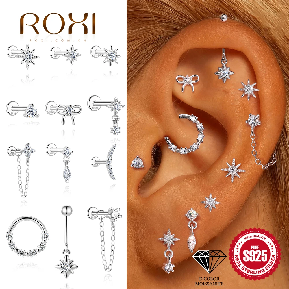 ROXI 925 Sterling Silver Eight Pointed Star Moissanite Sphere Vertical Piercing Earring For Women Wedding Bridal Jewelry Gifts