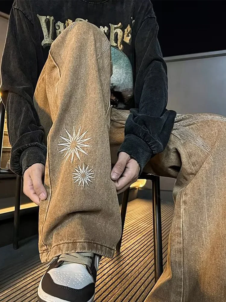 

Brown Embroidered Gradient Men's Jeans High Street Hip Hop Straight Leg American Retro Style Casual Teenager Summer Jeans