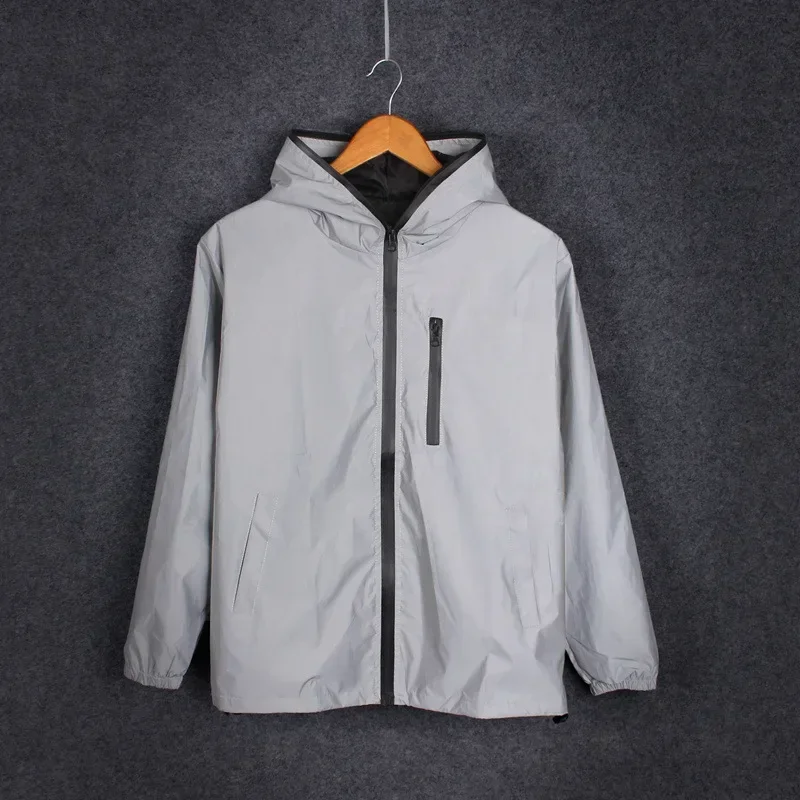 Spring Autumn Men\'s Full Reflective Windbreaker Waterproof Jacket High Street Hip Hop Baggy Hooded Coats Male Trendy Brand