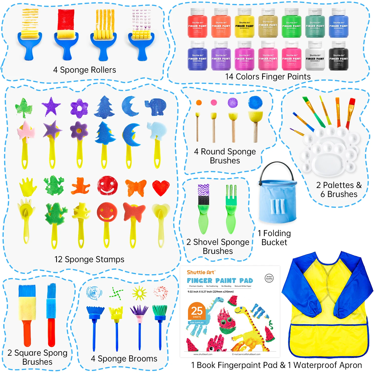 Shuttle Art Washable Finger Paint Set, Bake Polymer Clay Kit，53 PCS with 14 Colors (2 fl oz), Paint Brushes, Sponge, Palette, Non-Toxic Finger Painting for Toddlers