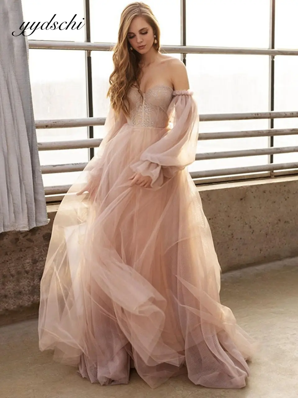 

Pink Sweetheart Tulle Wedding Dress 2022 Lace Elegant Off The Shoulder Bridal Gown Puff Sleeves Beading Backless Party Derss