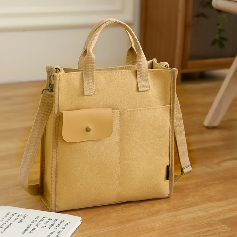 Large Capacity Canvas Shoulder Bag for Women Solid Color Handbag for School and Casual Use 066F