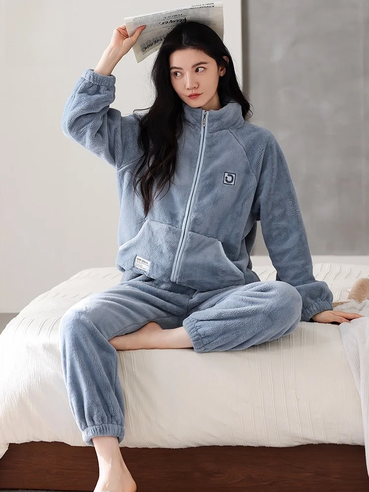 women's-winter-sleepwear-coral-fleece-thickened-warmth-home-clothes-long-sleeve-zipper-closure-comfortable-fit-pajamas-set