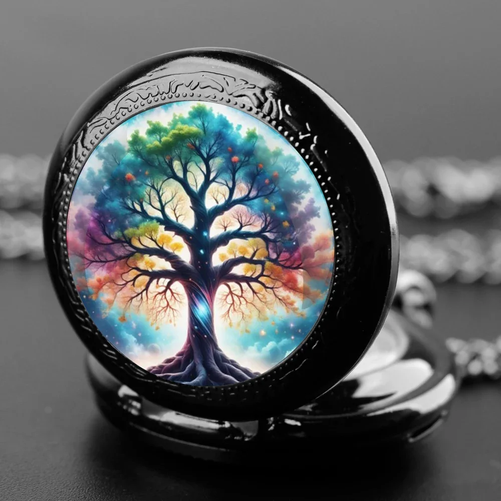 Reloj de bolsillo de cuarzo con cúpula de cristal, árbol de la vida, cadena duradera, esfera de números árabes, regalos creativos para hombres, mujeres y niños