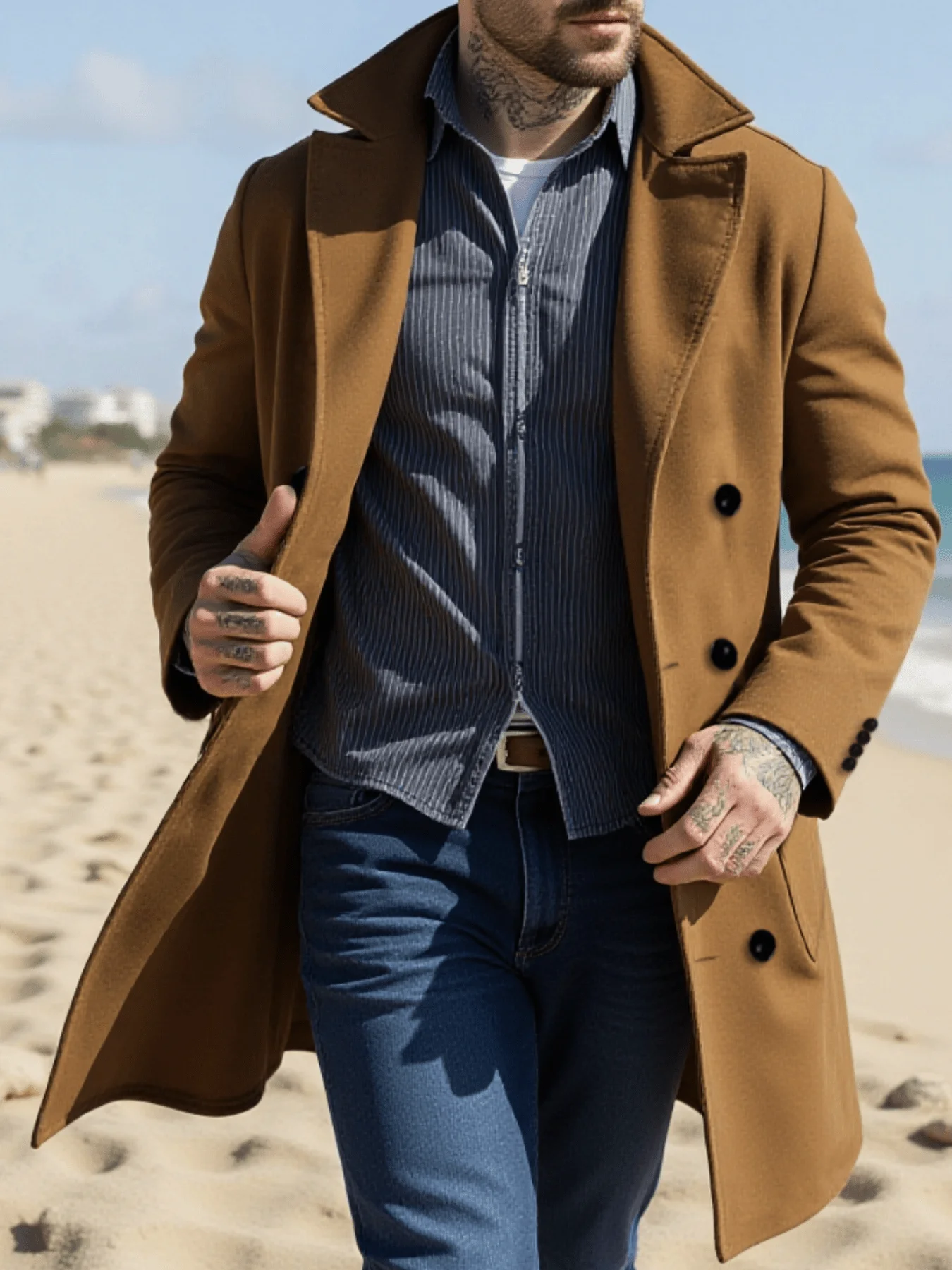 

Winter man's Jacket Foiled Woolen Coat Overcoat Thickened Wool Double Breasted Solid Color Commuting Hiking Travel Ready