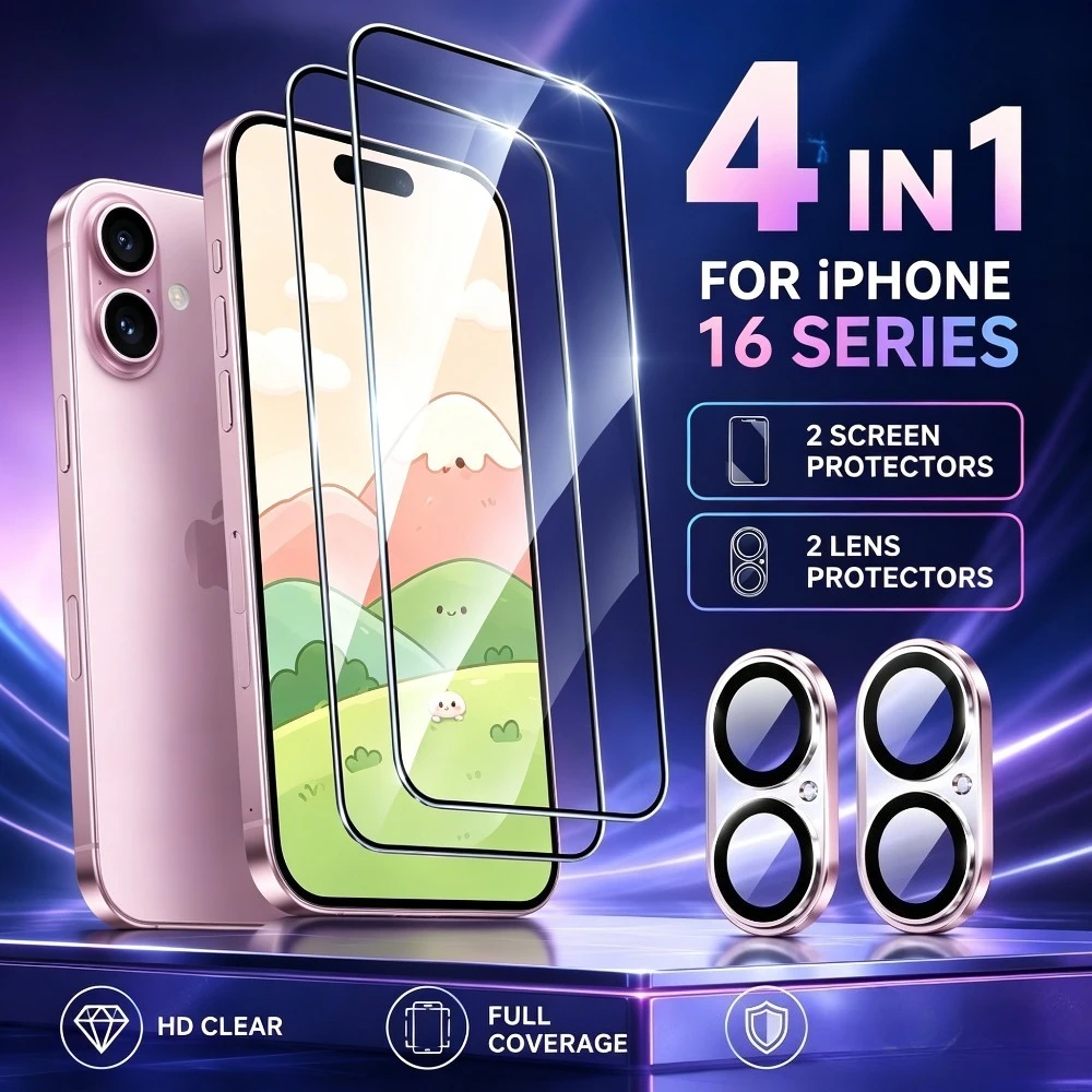 

2Pcs Full Cover Screen Protector for iPhone 17 16 15 Pro Max 15 14 Plus Air 17e 16e 14 13 12 11 Pro With 2Pcs Camera Lens Glass
