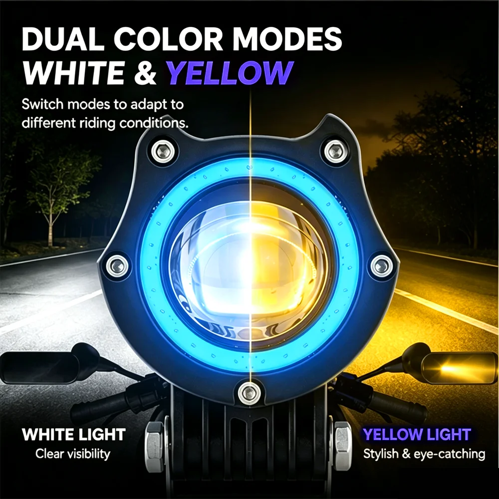 Motorcycle Angel-Eye Lens Headlight Devil-Eye Work Light Fog Lamp for Electric Bikes 12-80V Universal Fit