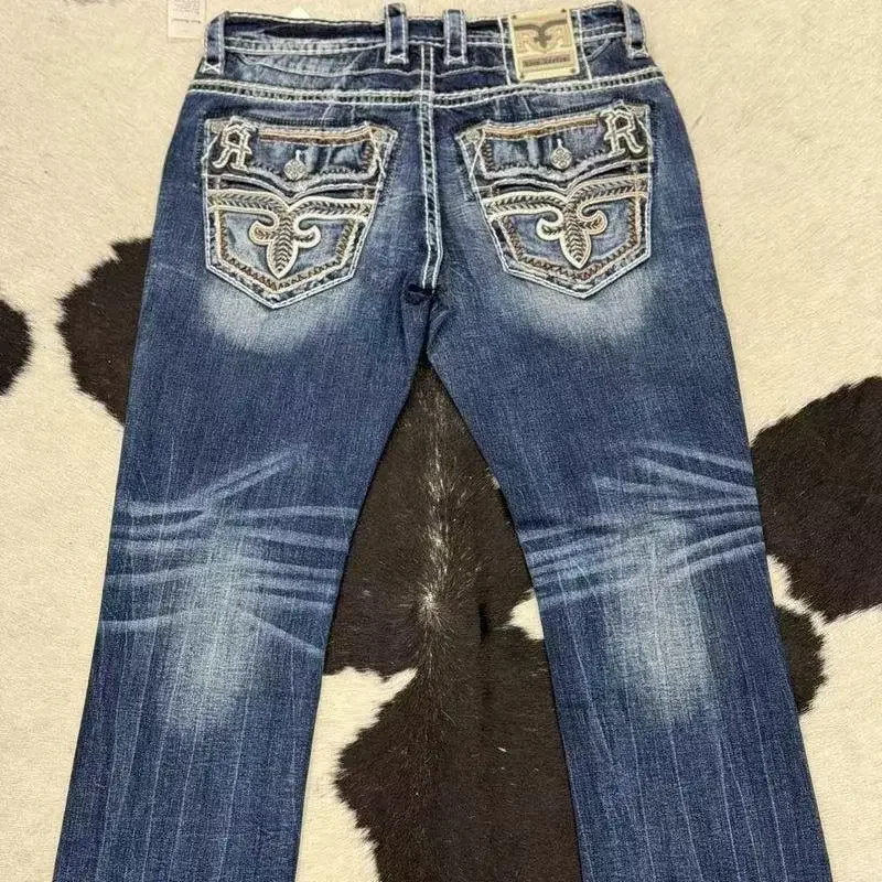 ใหม่Heavy Street 2024 ฤดูร้อนสีฟ้าปักผู้ชายและผู้หญิงอเมริกันRetroอินเทรนด์ล้างยืดหยุ่นสูงFlareกางเกงยีนส์ขายร้อน