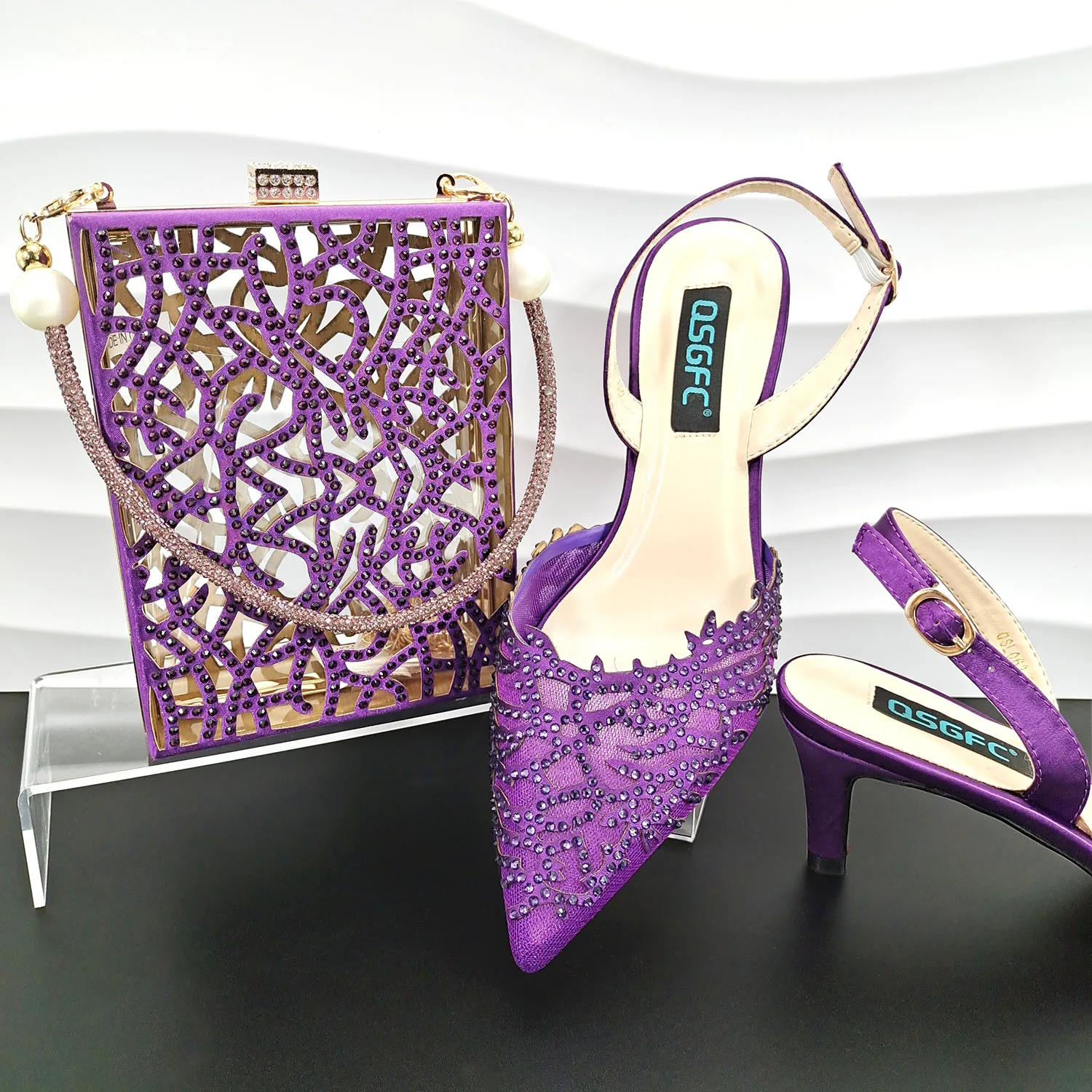 QSGFC Nigeria Popular Purple Mesh And Hollow Design With The Same Color Small Rhinestones Fashion Party Ladies Shoes And Bag