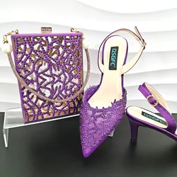 QSGFC Nigeria Popular Purple Mesh And Hollow Design With The Same Color Small Rhinestones Fashion Party Ladies Shoes And Bag