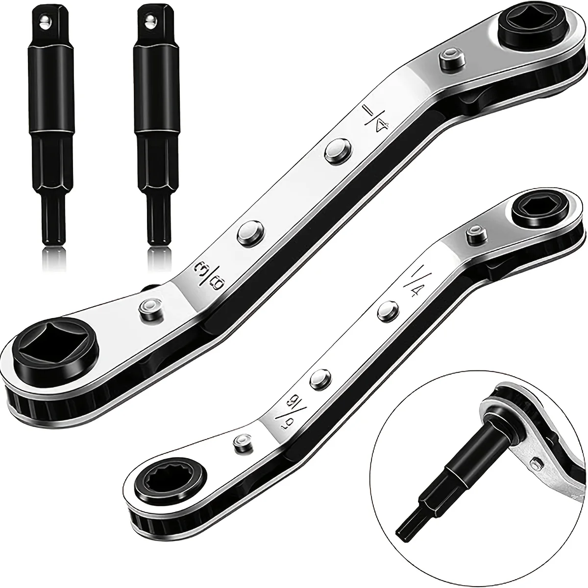 

Hvac Service Wrench Tools 3/16'' to 3/8'' 5/16'' x 1/4''Conditioner Valve Ratchet with 2 Hexagon Bit Adapter for Equipment Repai