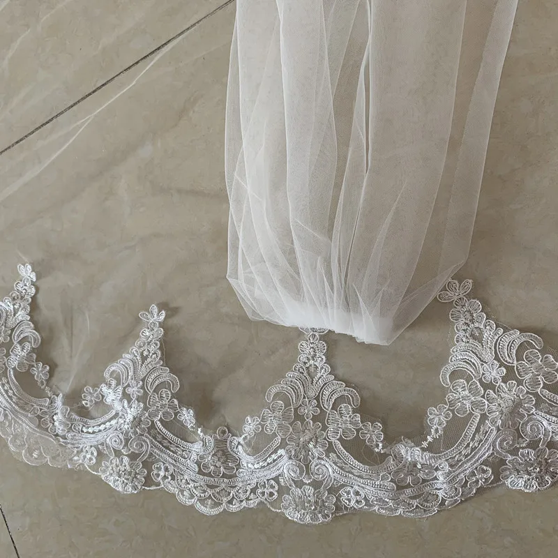 White Ivory 3Meters  Long Cathedral Bridal Veil with Comb  Lace Floral Appliques Edge Elegant Wedding Veil