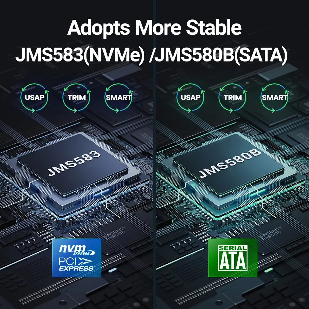 JEYI M.2 NVMe NGFF SSD, USB de aluminio completo 3,2 Gen 2 10Gbps PCIe o SATA 6Gbps M-Key B-Key M.2 funda compatible con Trim UASP