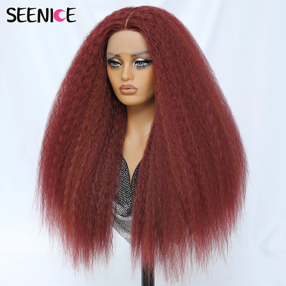 Synthetic Kinky Straight Lace Front Wig 28Inch T-Part 13x5x1 Long Lace Wigs Afro Yaki Straight Wigs Ombre Black Brown For Women