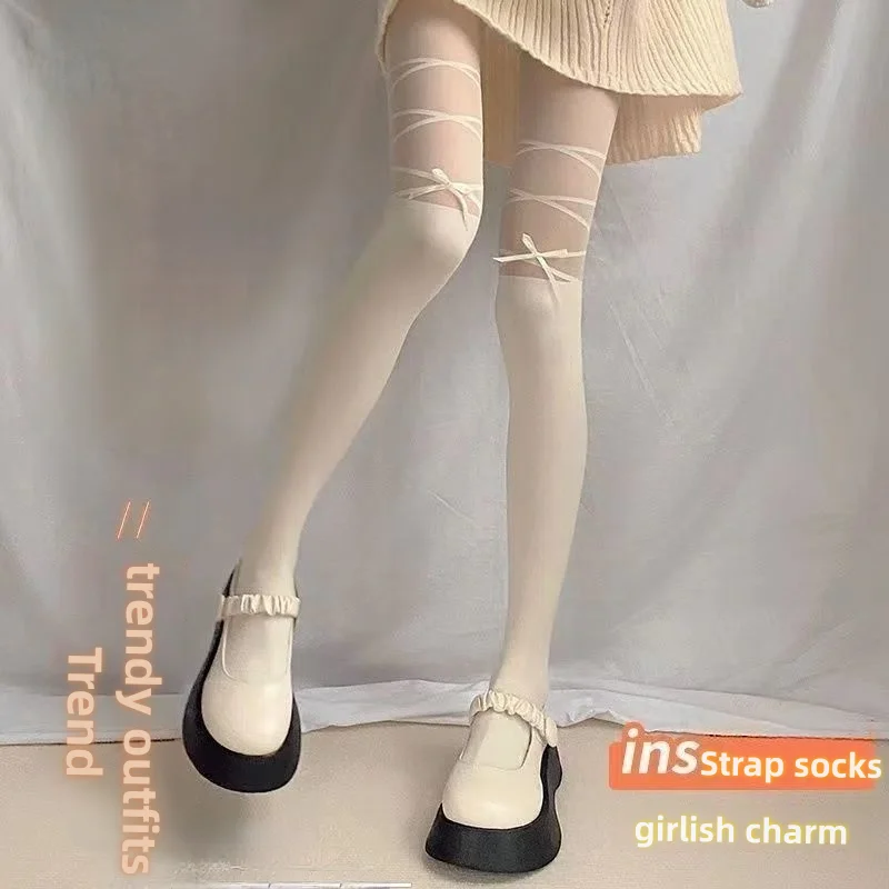 Lolita Butterfly Lace Strap Spliced Tights Women Summer Thin Sheer Pantyhose Soft Elastic Hosiery For Sweet JK Daily Dressing