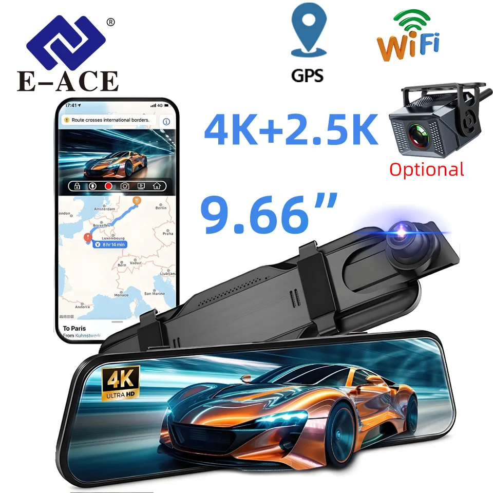 Caméra de rétroviseur E-ACE 4K WIFI GPS pour voiture, enregistreur vidéo à écran tactile, rétroviseur avec caméra arrière 2.5K en option, boîte noire DVR