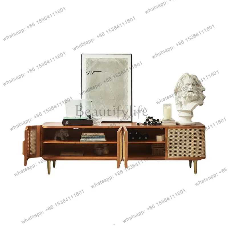 Wabi Sand Wind Minimalist Audio-visual Cabinet Solid Wood Rattan TV Homestay Swing Door Storage Cabinet