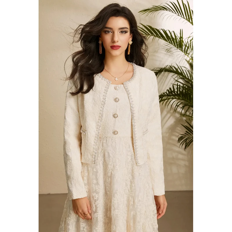 Women Elegant Beaded Lace Matching Set Cardigan Short Jacket Square Neck Sleeveless Maxi Dress Formal Party Two Piece Suit