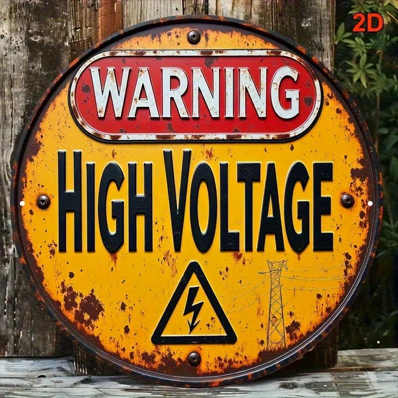 2D Flat, [JIT]2D Flat, 1pc 8.0x 8.0inch Round Aluminum Sign- Vintage Industrial High Voltage Warning Sign, Distressed Rustic Fin
