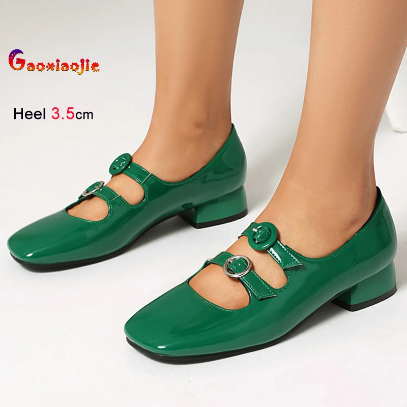 

Женские туфли-ботильоны на толстом каблуке 3,5 см, весна-осень 2026, зеленые, с квадратным носком, прямым ремешком и пряжкой, повседневные