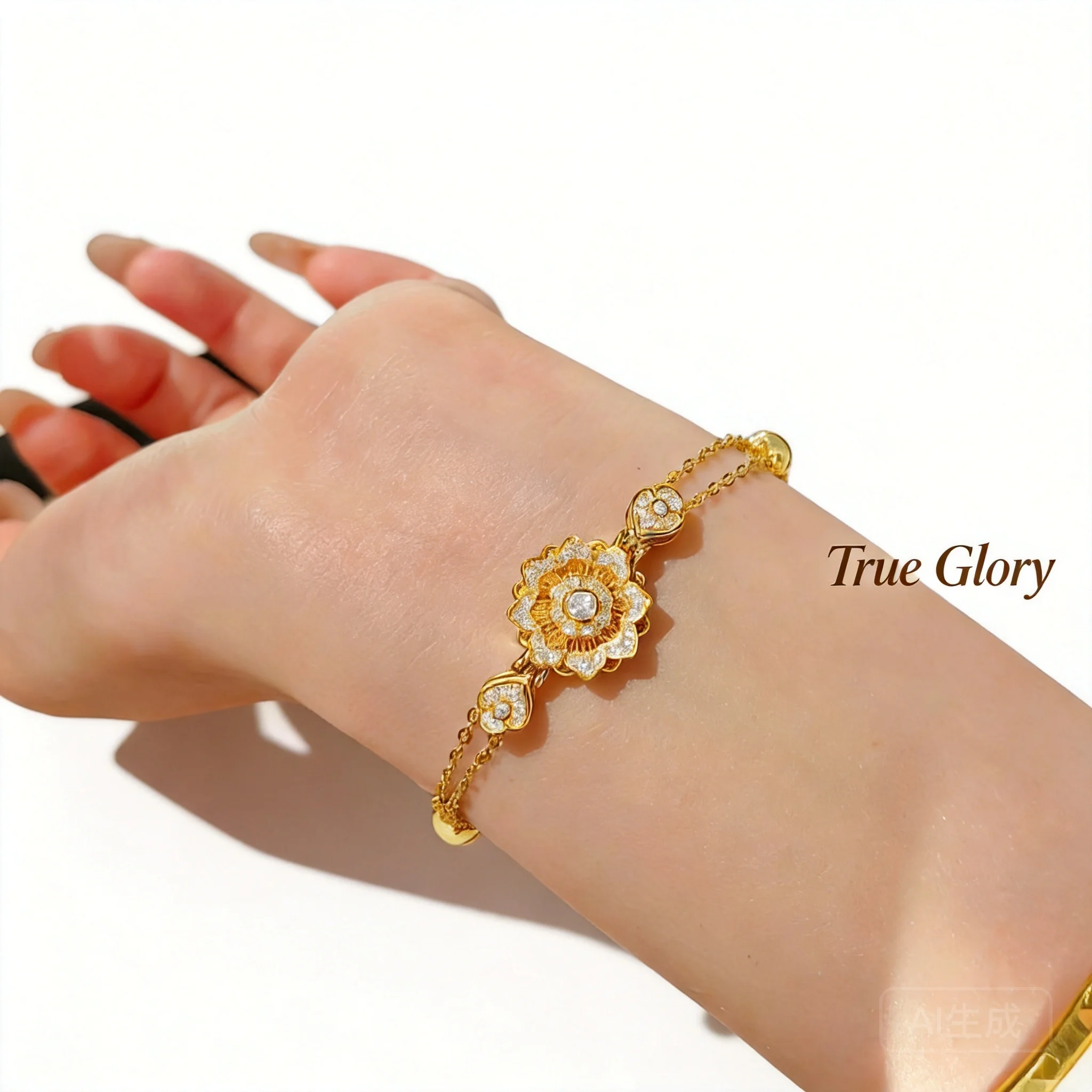 Chinese Style Lucky Rotatable Blooming Flower Bracelet Gold Plated Cubic Zirconia Adjustable 16+5cm Traditional Blessing Wealth