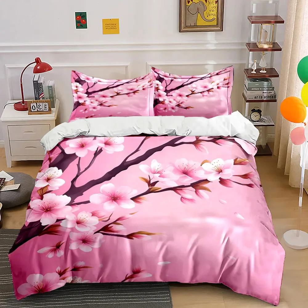 Cherry Blossom Themed Decor Set Soft Comfortable Duvet Cover Bedding Set Included 1*Duvet Cover & 2*Pillowcases, gift