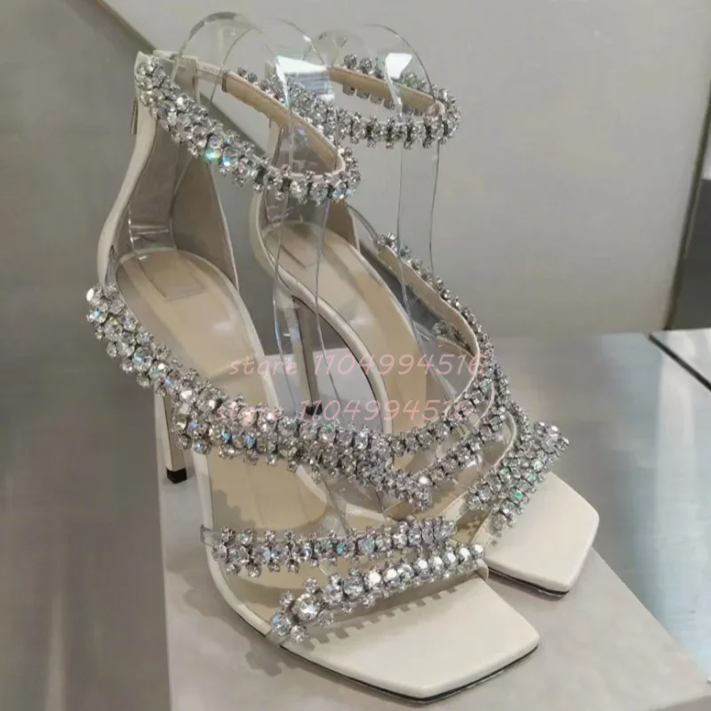 Sandalias de tacón con cubierta de una correa y cadena de cristal para mujer, zapatos de vestir de fiesta de lujo sexys con punta abierta y cremallera trasera, tacones finos