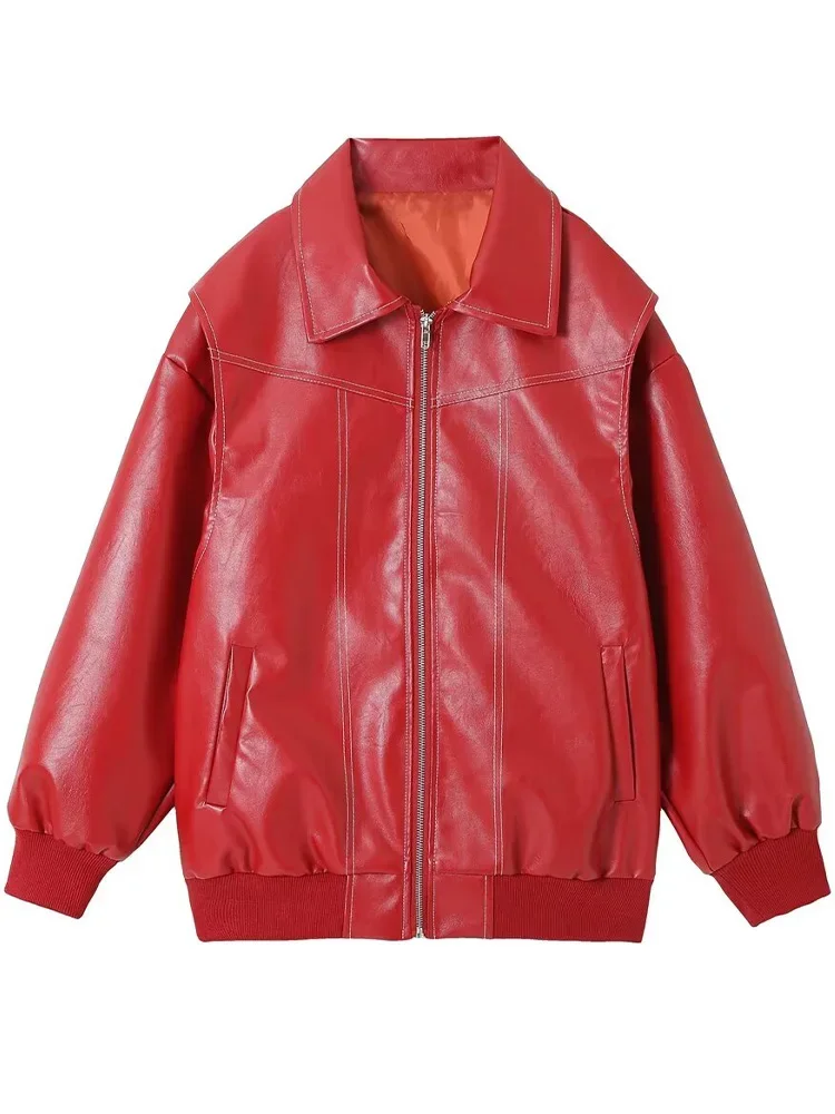 Willshela moda donna PU rosso cerniera anteriore Bomber giacche Vintage collo con risvolto maniche lunghe abiti da donna Chic