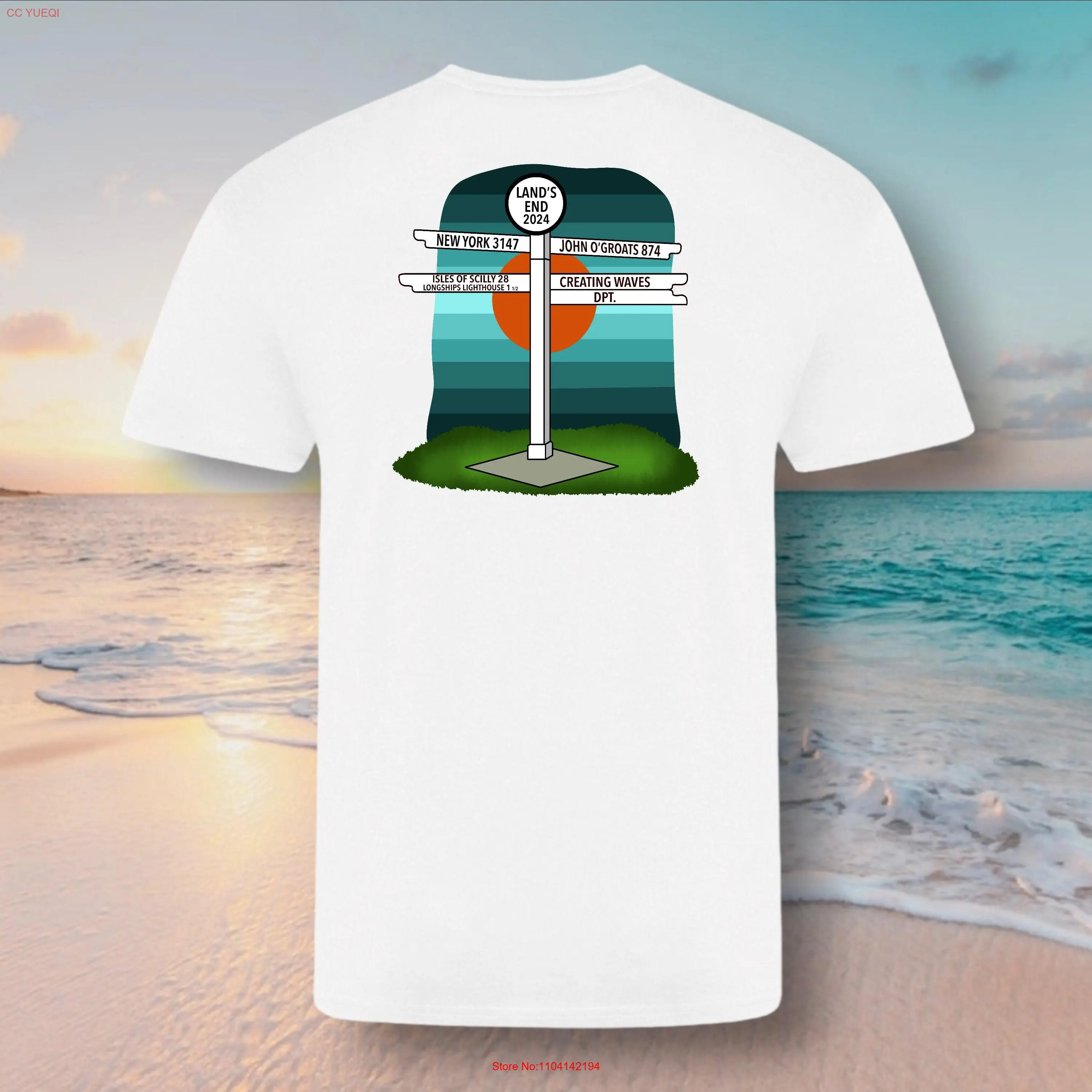 Lands End Cornwall Landmark Signpost Sunset T shirt Creating Waves Cornish Surfer Skate long or short sleeves