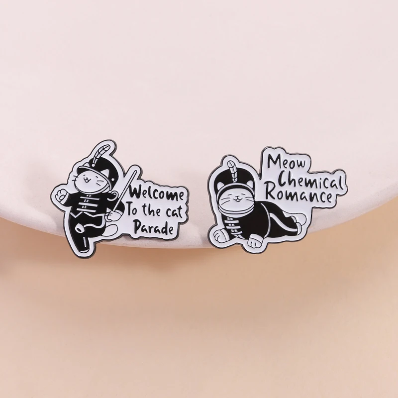 Cute Cat Pin Black White Cartoon Style Welcome to Cat Parade Meow Chemical Romance For Cat Lovers Music Fans Bag Decoration