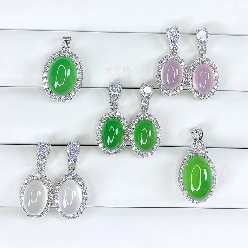 Natural Chalcedony Ice Jade Earrings Women Emerald Green Gemstone Pendant Necklace Green Agate Drop Earrings