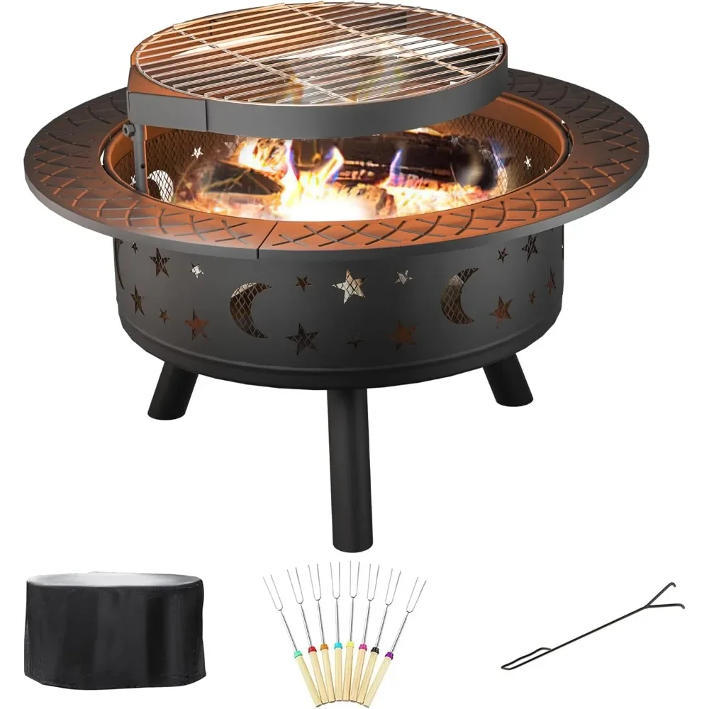 35 Inch Fire Pit, Outdoor Wood Burning Fire Pits, Metal Round Bonfire Firepit with Grill Grate for Backyard, Patio, Camping(Blac