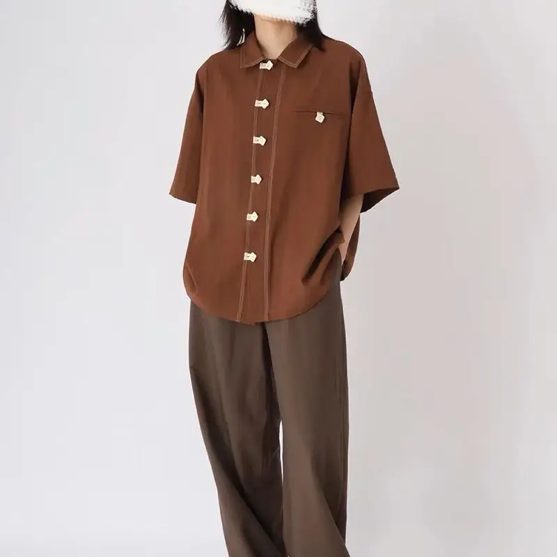 

New Chinese Style Brick Red Button-up Short-sleeve Shirt Loose Summer Japanese-style Shirt