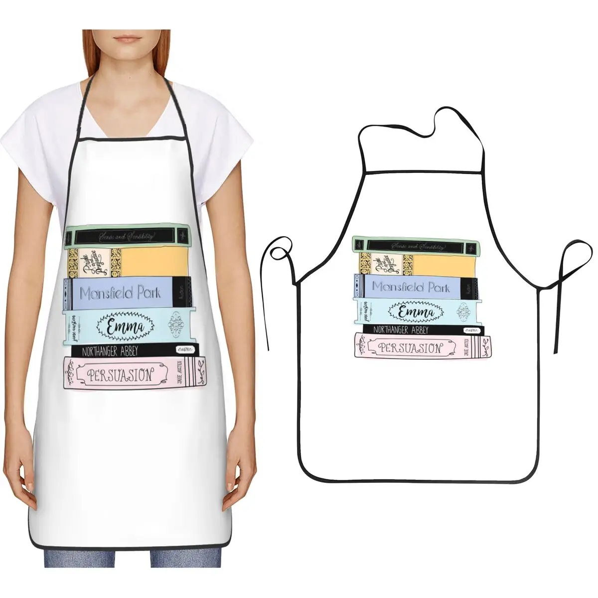 Jane Austen Book Stack - Colour Aprons Chef Cooking Baking Tablier Bib Kitchen Cleaning Pinafore for Women Men Gardening