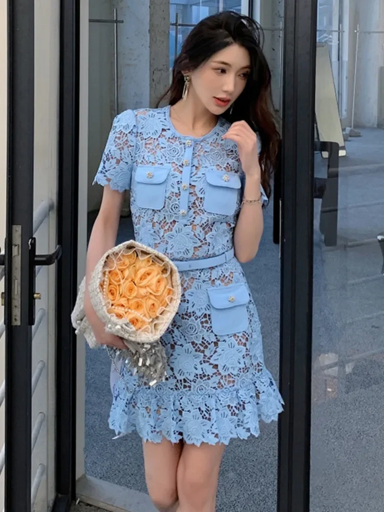 chinese dress ladies A-Line Puff Sleeves Tulle Lace Blue Short Prom Dress, Blue Homecoming Dress US 6 / Blue main image 0