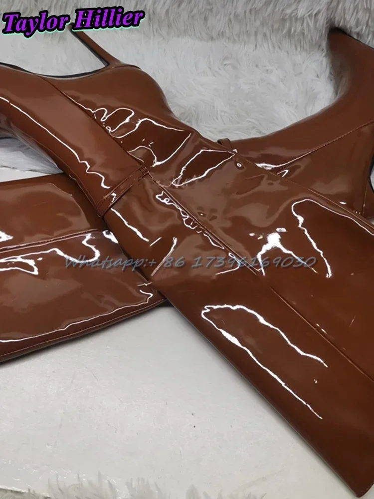 البني براءات الاختراع والجلود الأحذية النمط البريطاني بوتاس أشار تو الكعوب خنجر حجم كبير الركبة عالية مشبك طويل جودة عالية حجم 47 #4