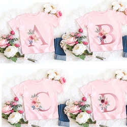 New Pink Flower Letter A B C D Children T-shirt Kawaii T Shirt Anime Cartoons Casual Clothes Kid Girl Boy Short Sleeve Top Tee