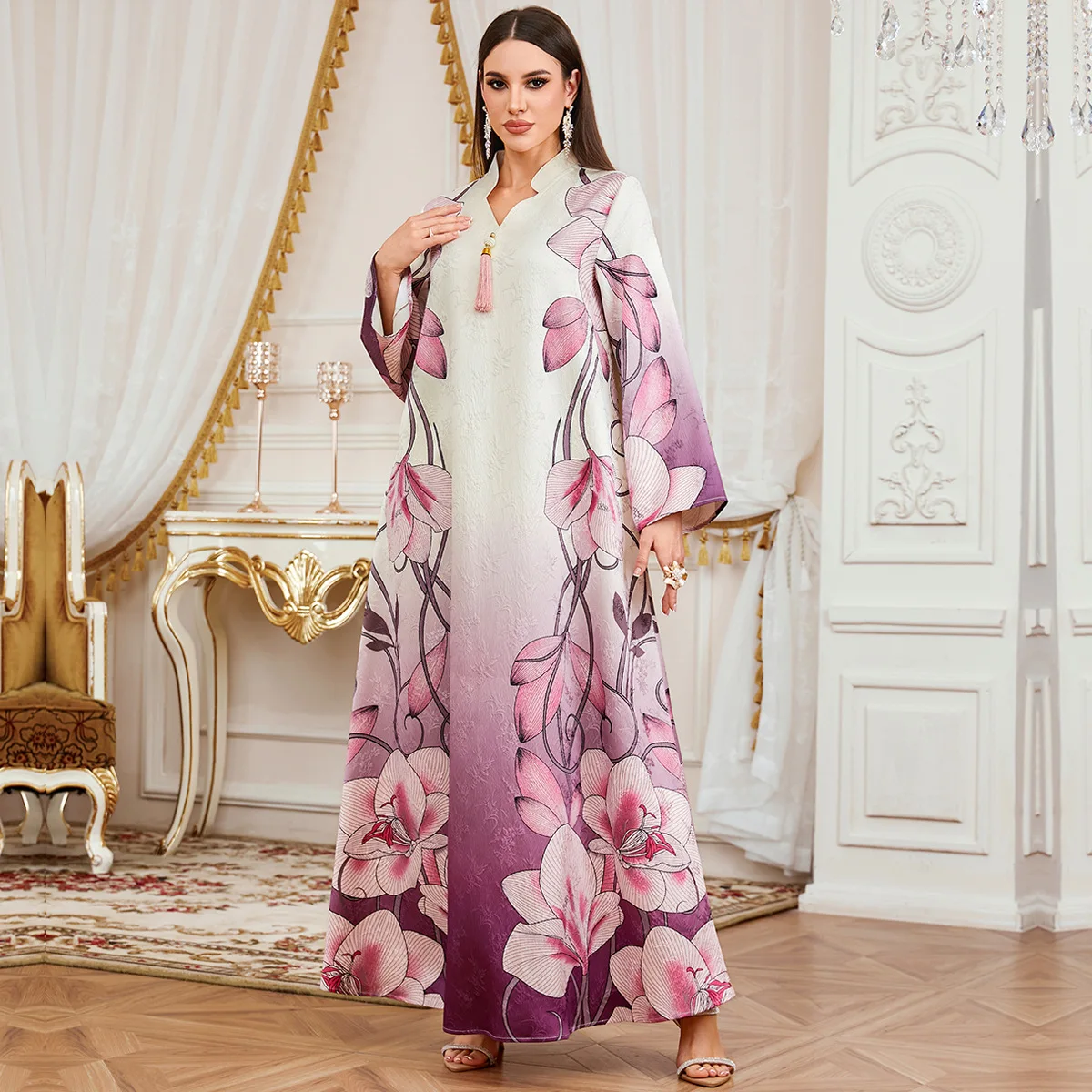 

Fashionable Printed Long Dress Casual Dubai Print Women's Robe Elegant Tida Flower Pattern Spring Season Chinese Origin