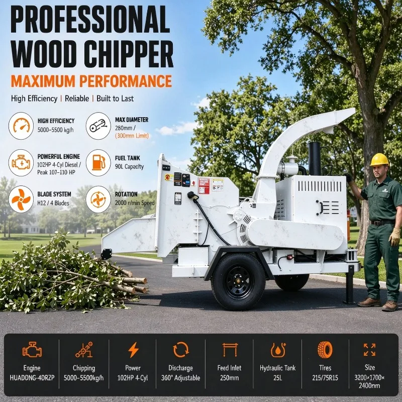 Hydraulic Feeding Industrial Wood Chipper Crusher Wood Logs Thick Branch Shredder Processing Mobile Heavy Duty Wood Chipper