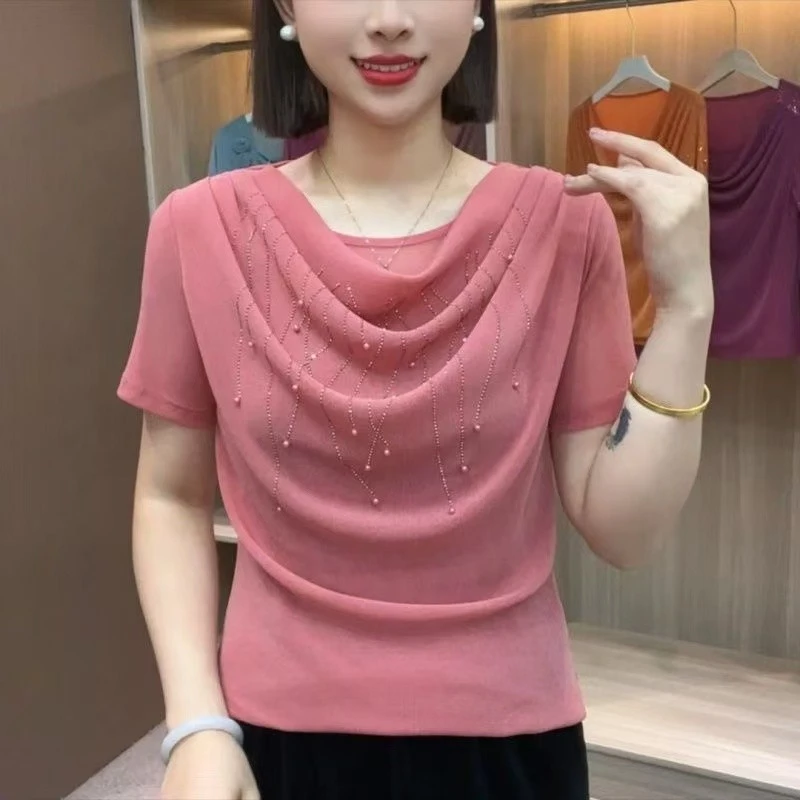 Summer Short Sleeved Women's Clothes Simple Three-Dimensional Flower Solid Color Bright Silk Mesh bead Tops Women's T-Shirt