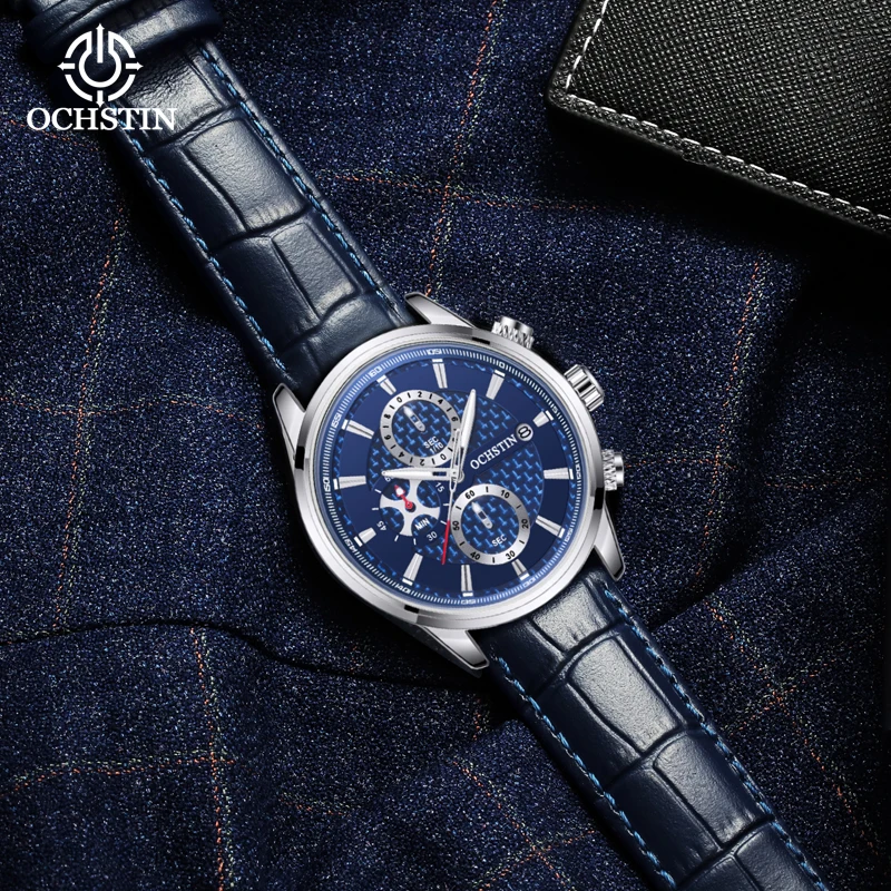 OCHSTIN Commander Series Man Comfortable Genuine Leather Strap Men's Multifunctional Quartz Movement Watch Male Calendar Wrist