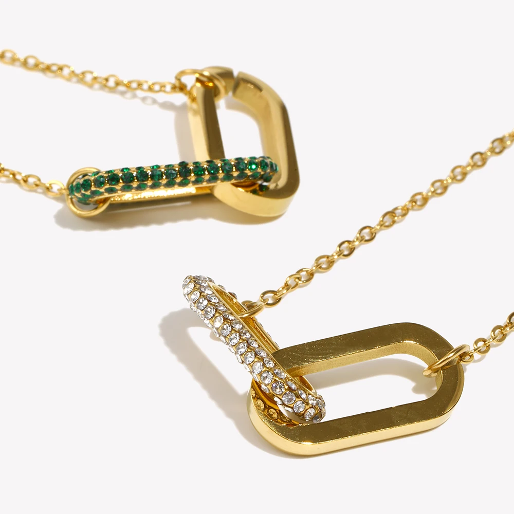 E.B.belle Micro Set Rhinestone Green Pink Paper Clip Link Pendant Necklace For Woman Stainless Steel Necklace Jewelry For Party