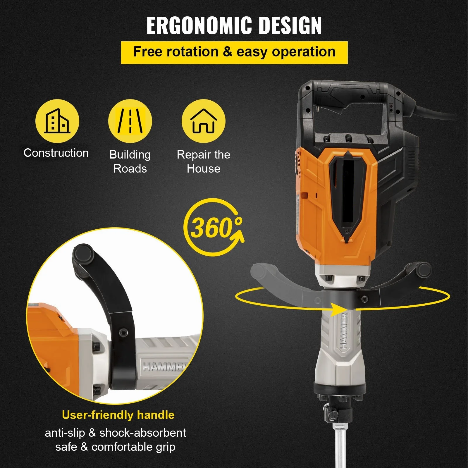 4500W Demolition Jack Hammer Industrial Electric Jackhammer For Demolishing, Chipping Heavy Duty Concrete Breaker w/Chisel