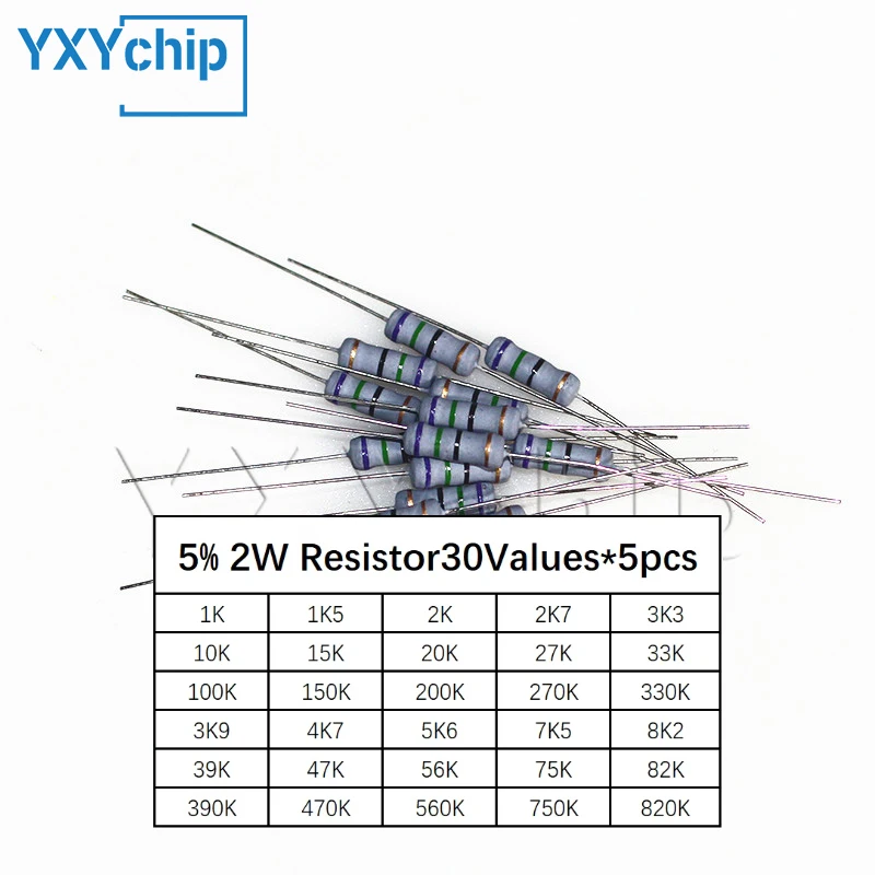 New Carbon Film Resistor Kit 2W 5% 1K -820K ohm 30Kinds *5pcs=150PCS/Set