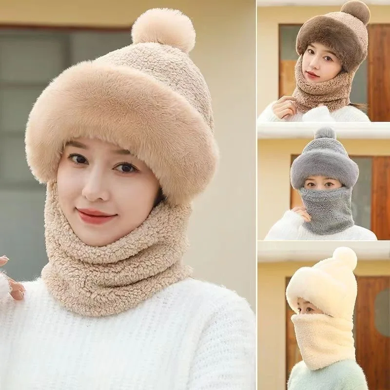 [قبعة صغيرة سميكة مقاومة للرياح] قبعة شتوية دافئة مع بوم بلون سادة قناع سميك للرقبة من القطيفة مقاوم للرياح بقلنسوة