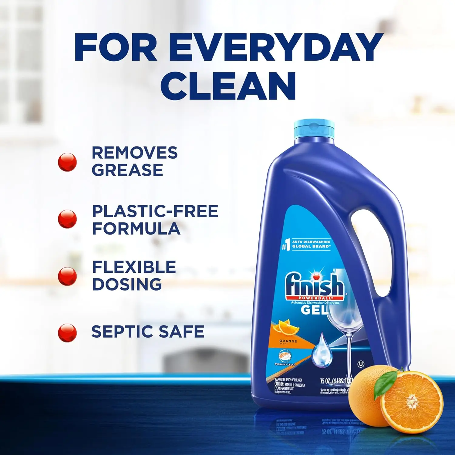 Liquid Dishwasher Detergent, Advanced Deep Cleaning Power Dish Soap, Fights Tough Stains, Dishwasher Soap, Septic Safe & Plastic-Free Dish Detergent, Orange Scent, 75oz