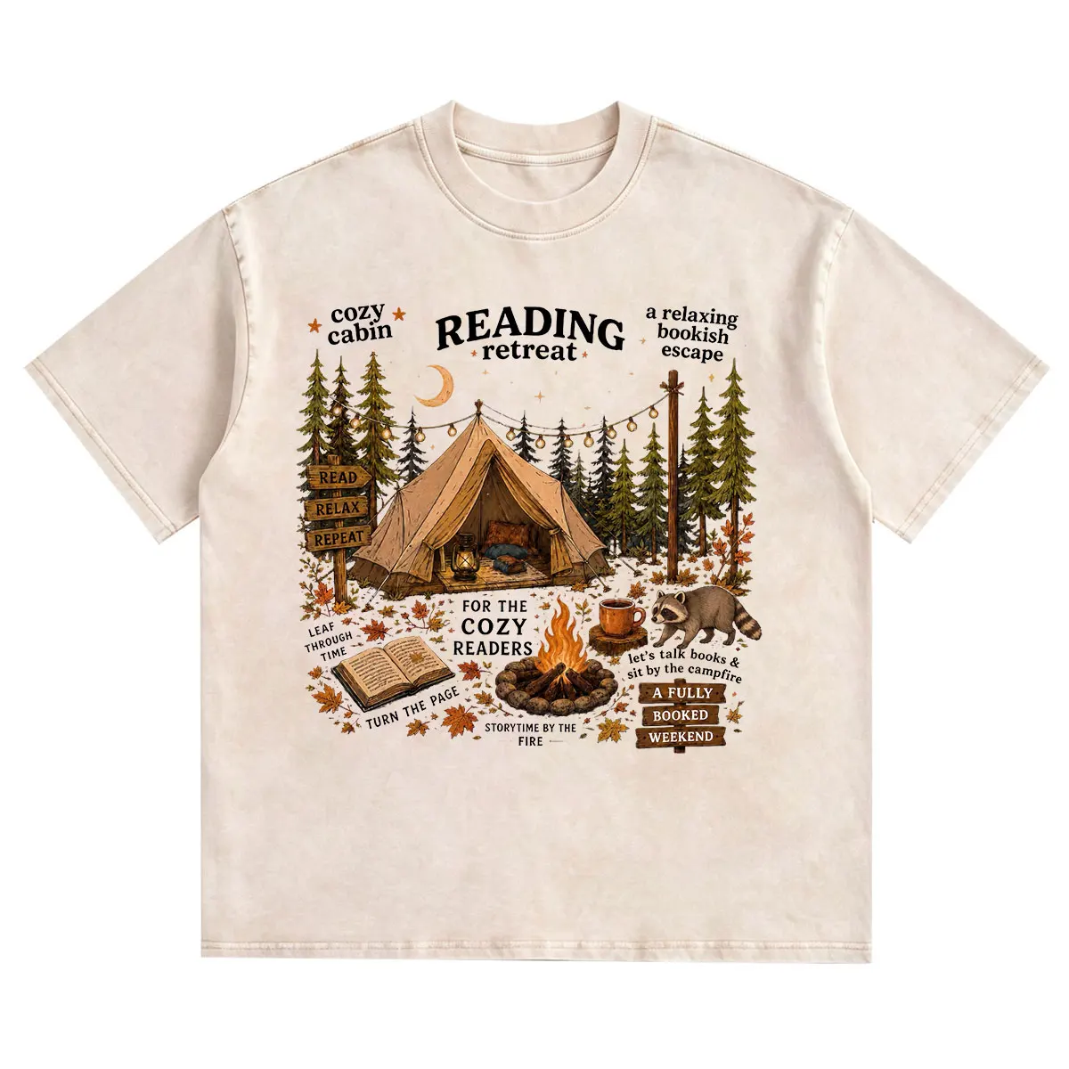 Cozy Cabin Reading Retreat T-shirt Fall Bookish Autumn Readers Pumpkin Spice Book Vintage Washed Harajuku Short Sleeve T-shirts