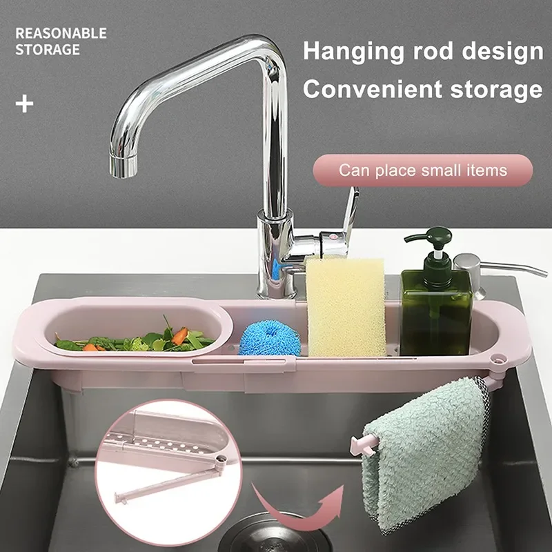 Kitchen Telescopic Sink Rack Organizer Drainer Rack Storage Basket Bag Faucet Holder AdjustableBathroom Holder Sink Kitchen Tool