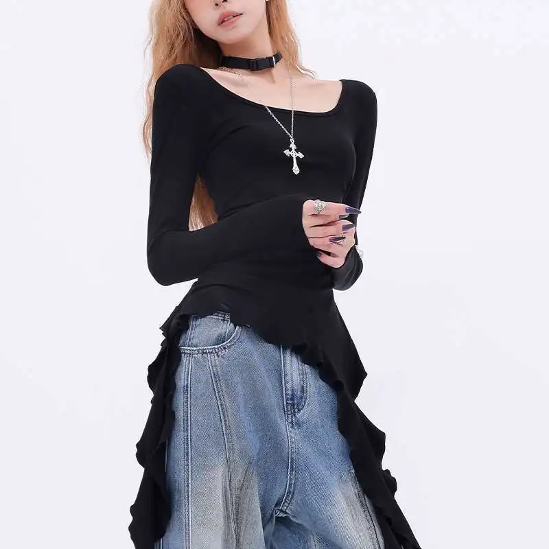 

Black Ruffle Edge Streamer Long-sleeved Bottom T-shirt Women's Autumn and Winter Design Waist Pleated Top
